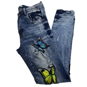 Preme Mens 32x32 Distressed Butterfly Patch Skinny Jeans Medium Wash Blue Denim